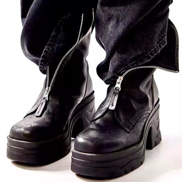 Free People Myles Zip Front Boot Chunky Platform Black Leather - Picture 10 of 12